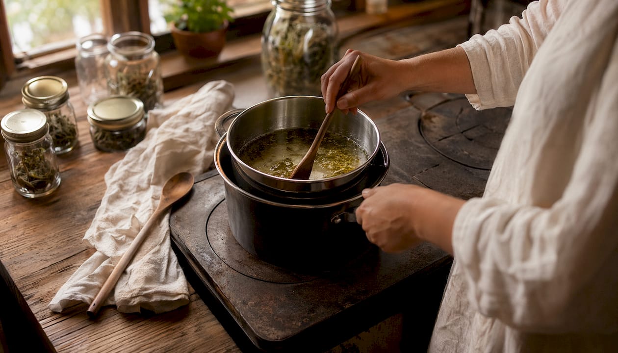 Hands stirring cannabis infusion in double boiler pot