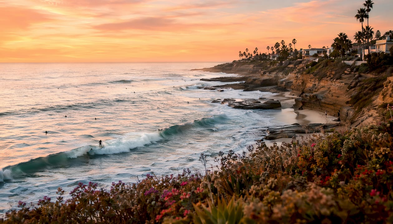 Wide aerial view of La Jolla surf spots and coastline