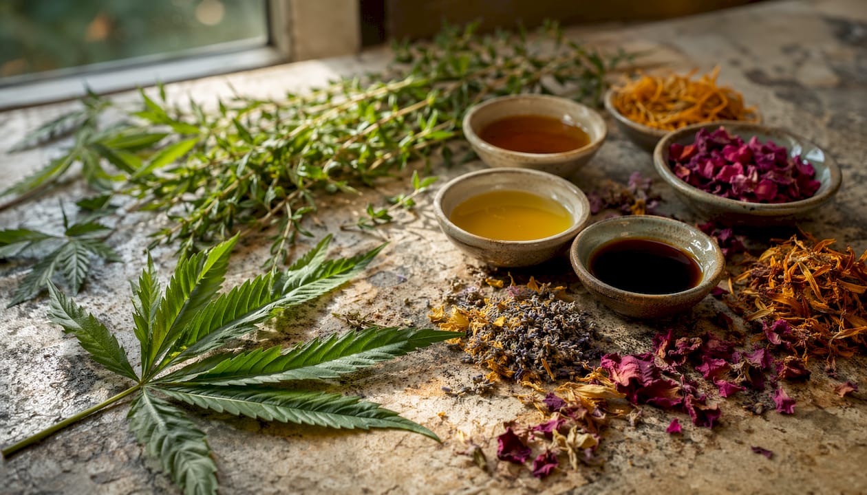 Overhead view of cannabis terpenes and flavonoid samples
