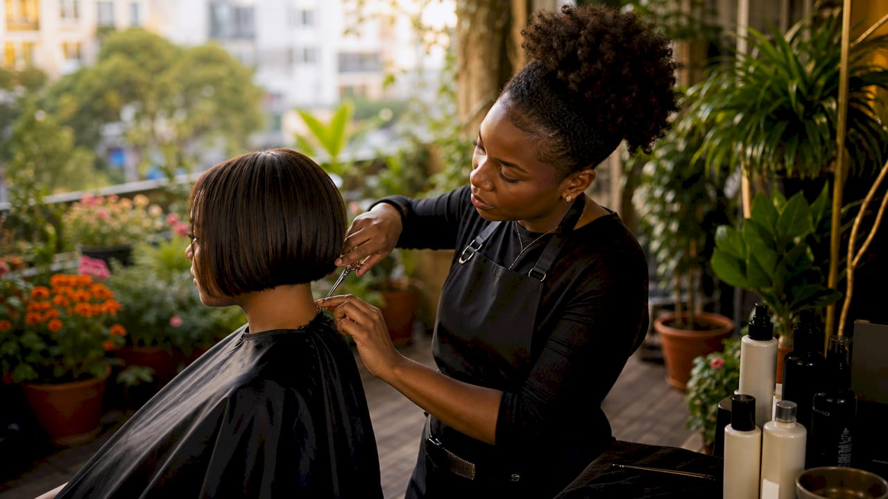 Stylist cutting short bob haircut in urban salon
