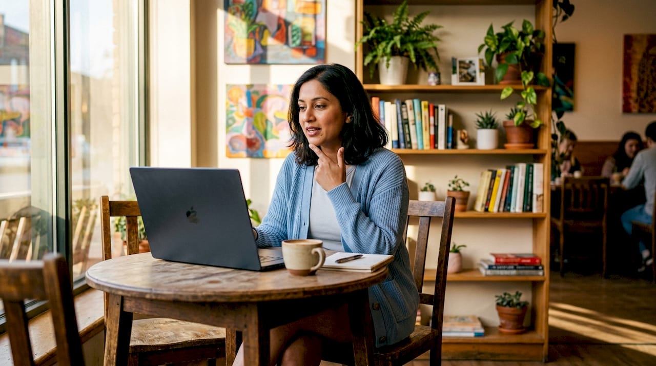 Woman consulting on short haircuts via laptop