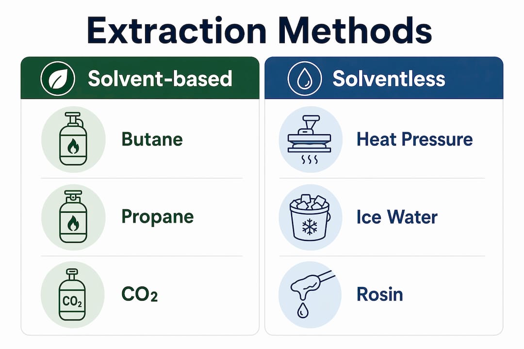 Infographic comparing solvent-based and solventless extraction