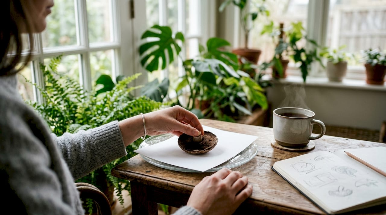 Hands preparing mushroom spore print at home kitchen table