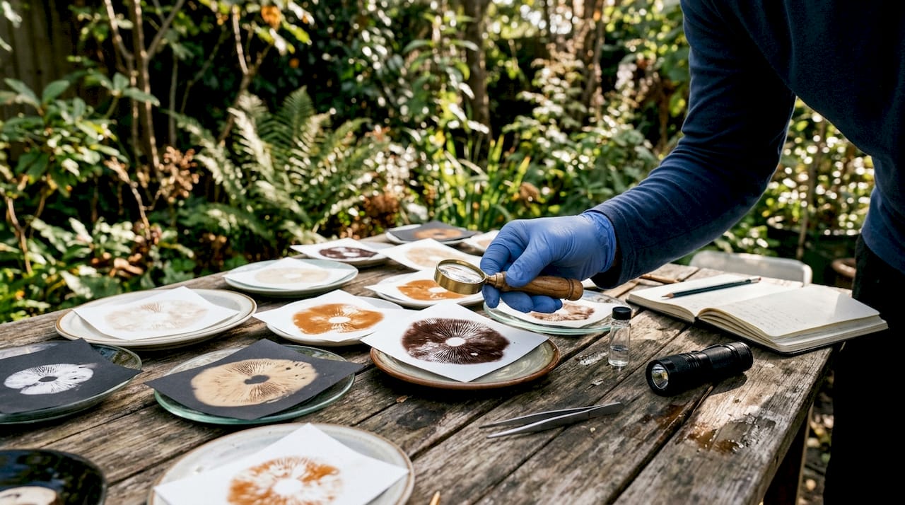 Laboratory view of diverse mushroom spore print colors and patterns
