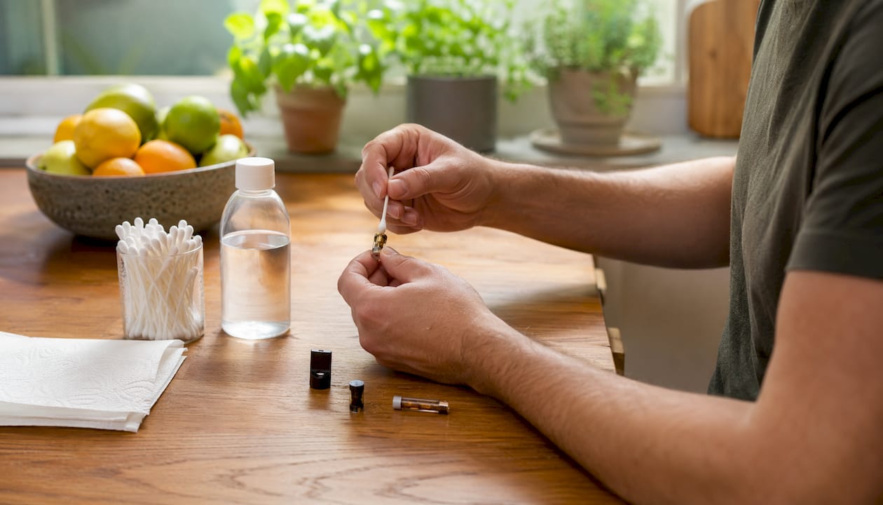Hands cleaning cannabis vape cartridge parts