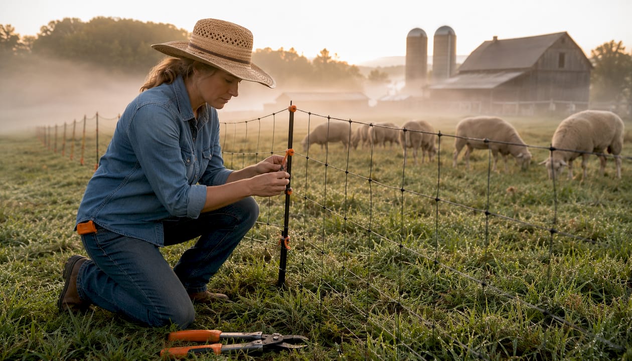Farmer adjusting temporary fencing for livestock grazing