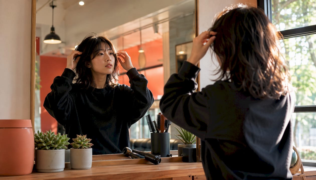 Woman styling wavy layered wolf cut at home