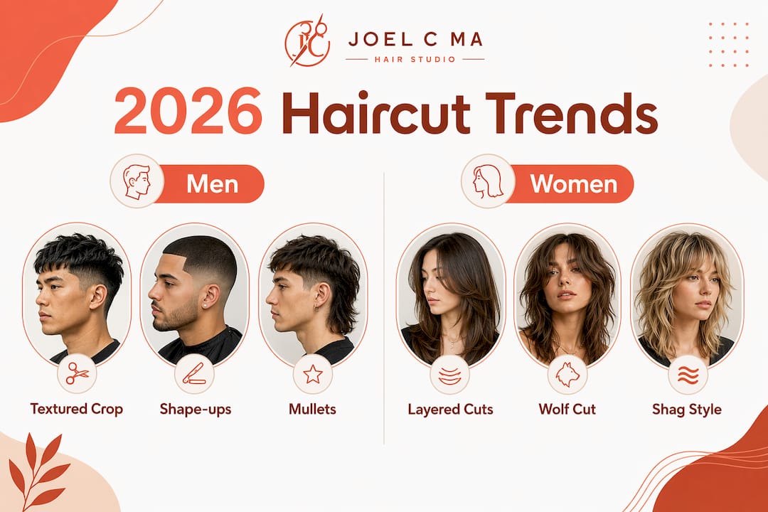 Infographic comparing 2026 haircut trends for men and women