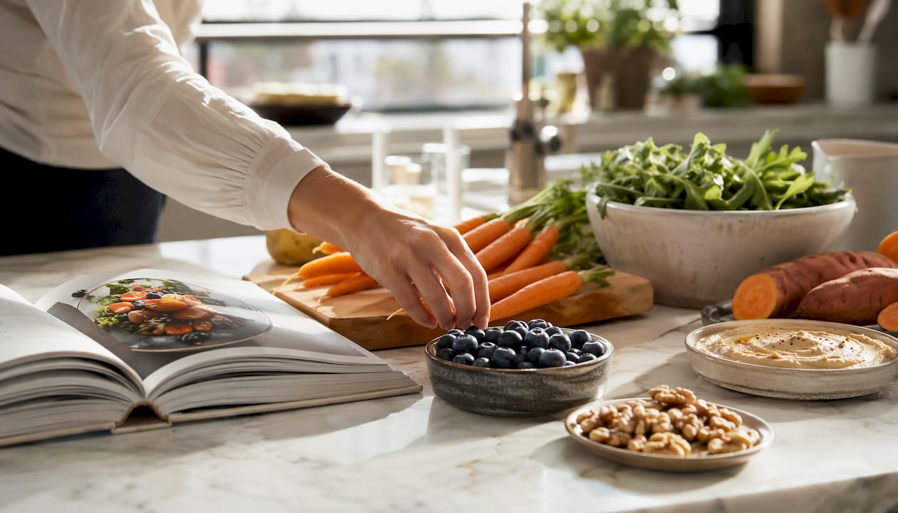 Healthy foods for hair nourishment on kitchen table