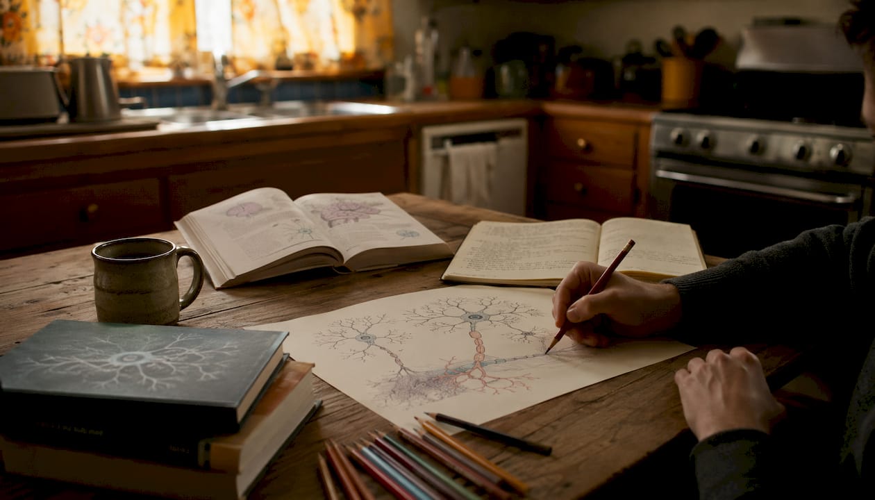 Overhead view of hand drawing neural pathways at desk
