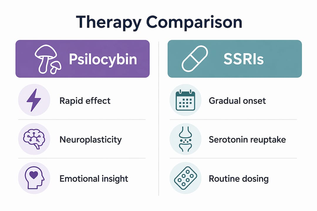 Infographic comparing psilocybin therapy and SSRIs