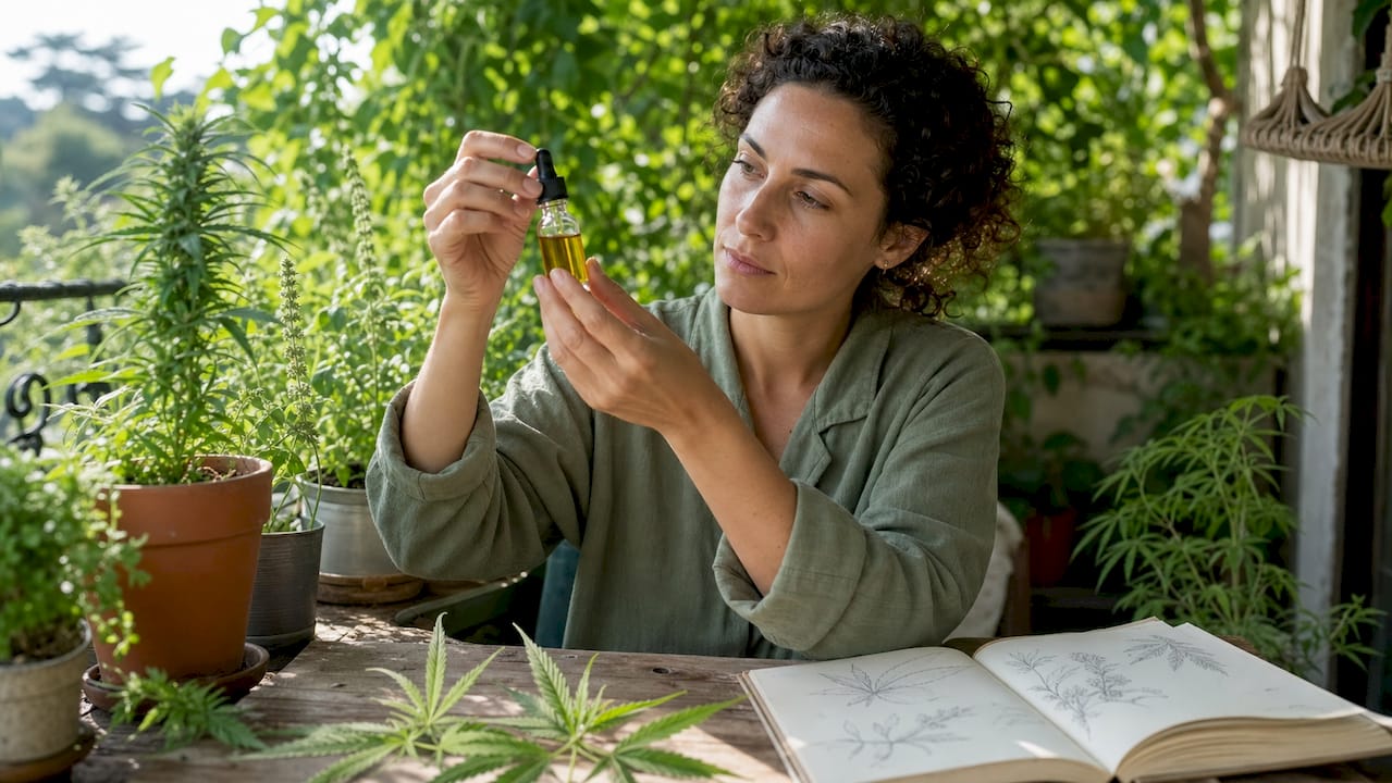 Close-up hands holding full-spectrum CBD oil bottle
