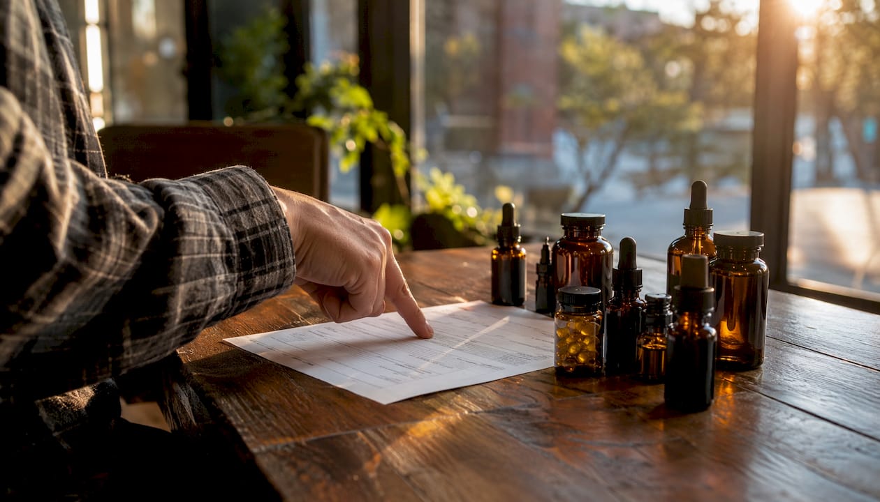 Overhead of CBD products and lab report on desk