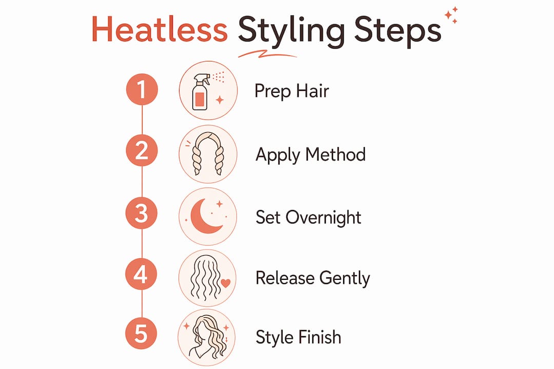 Infographic showing heatless hair styling steps