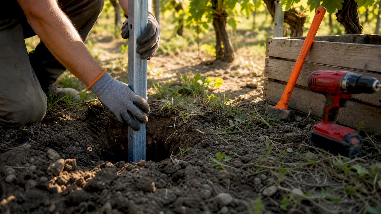 Hands setting metal fence post in ground