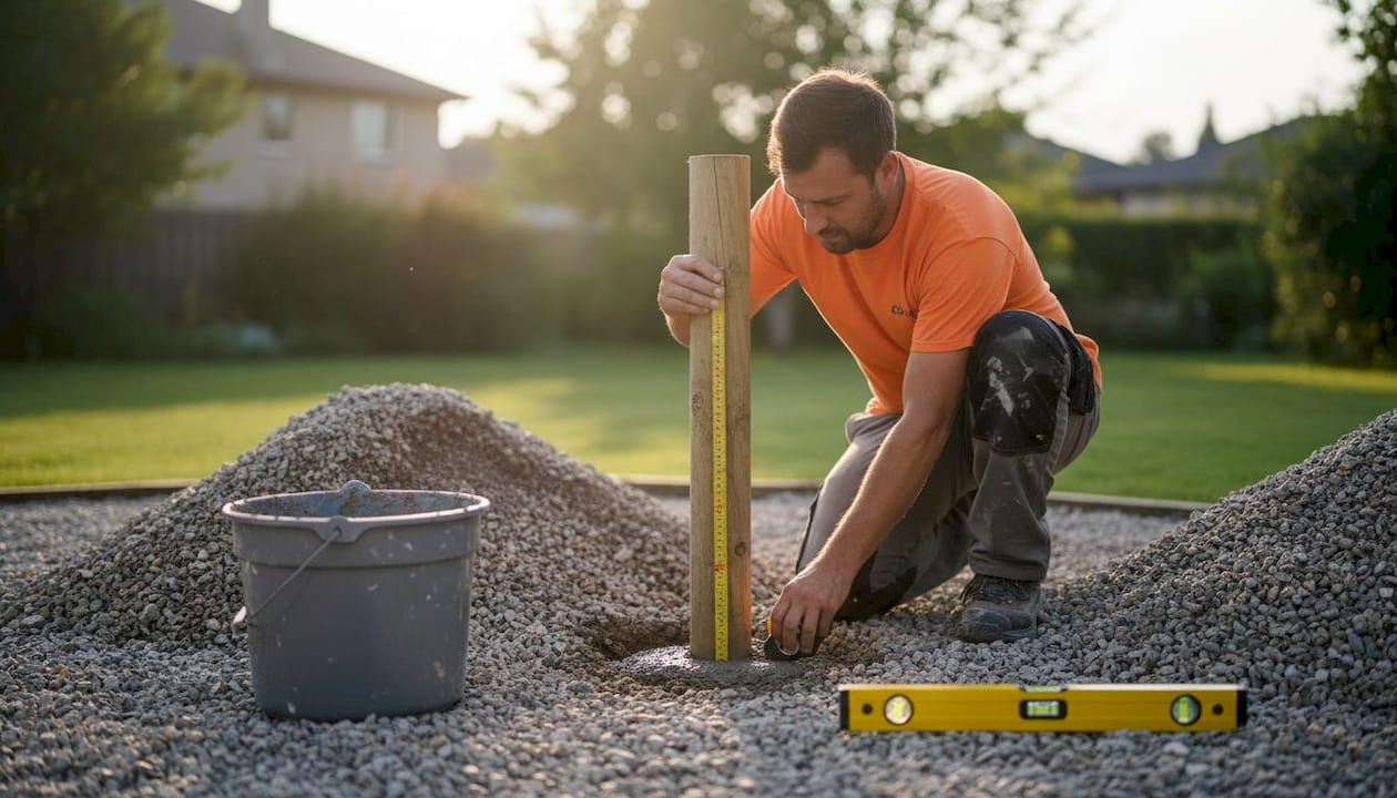 Landscaper measuring fence post depth