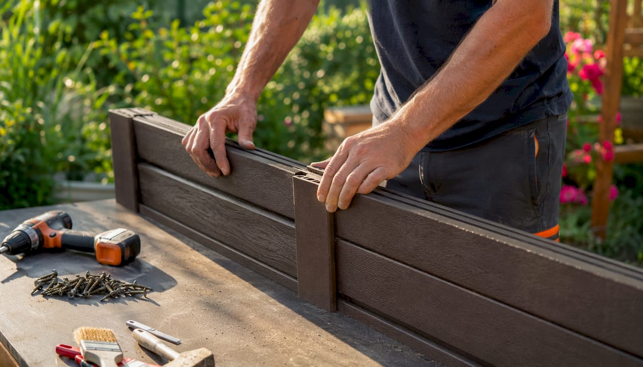 Hands assembling recycled composite fence panel
