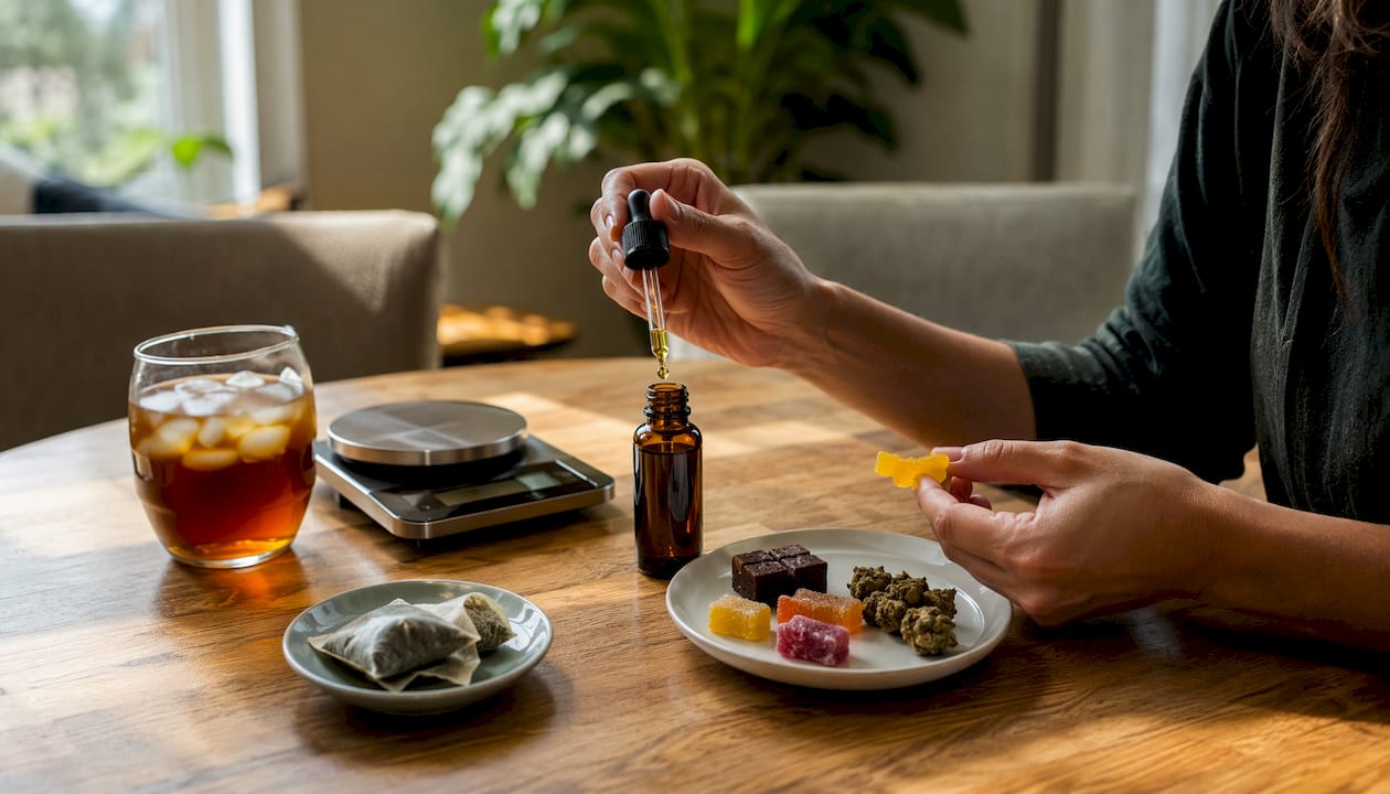 Hands measuring cannabis oil and edible dosage