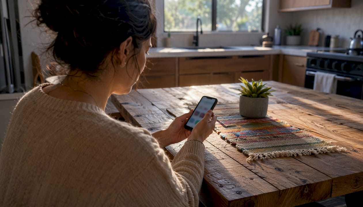 Hands holding phone with genetic report in home office