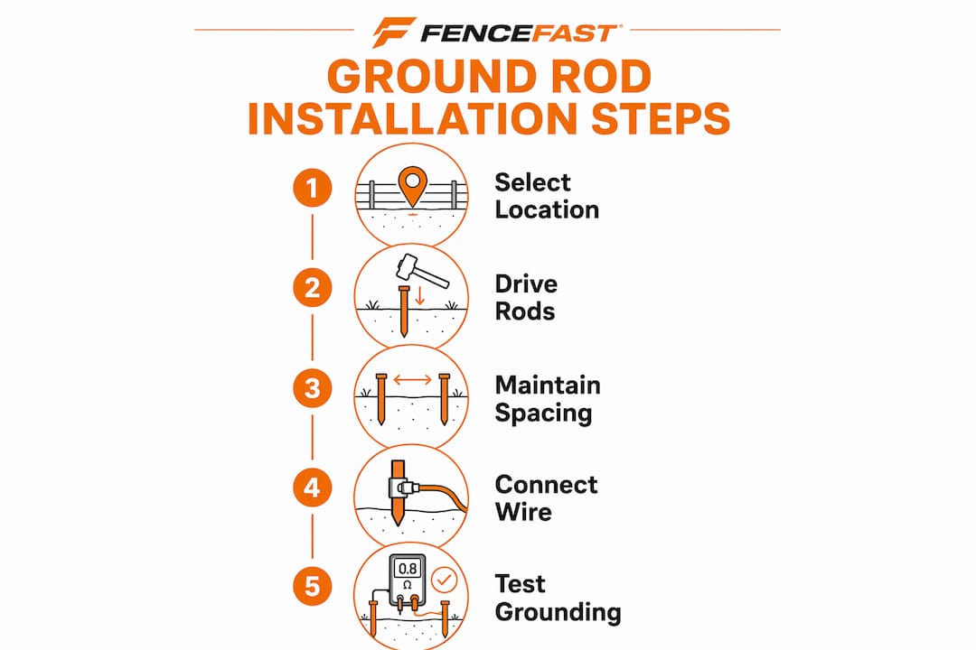 Infographic showing ground rod installation step sequence