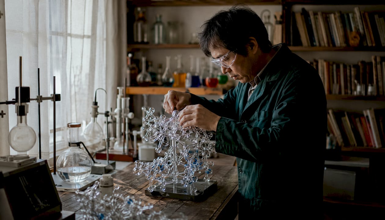 Hands assembling serotonin receptor molecular model