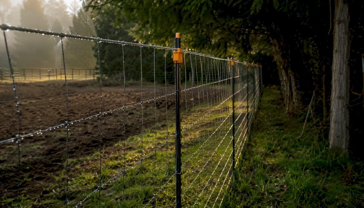 Mesh wire polymer-coated horse fence outdoors