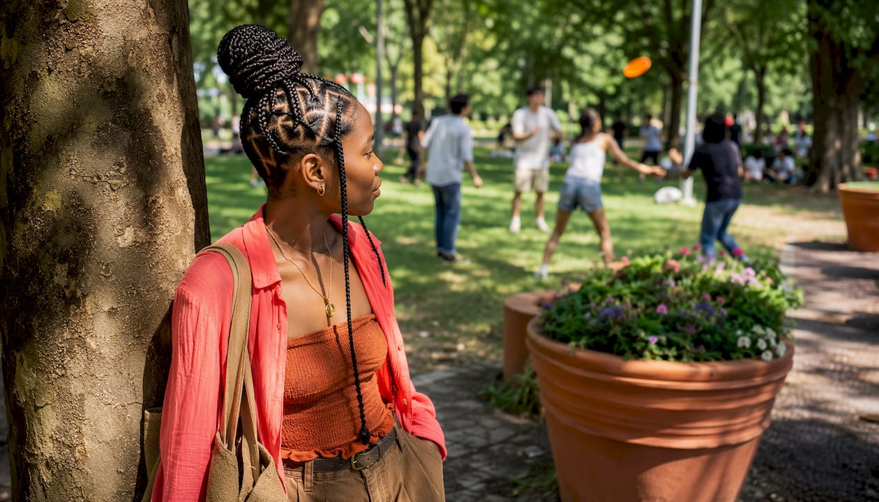 Woman with sculptural braids in urban street setting