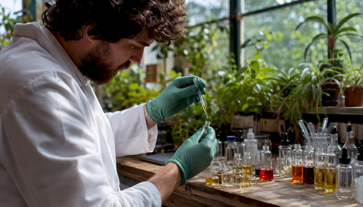 Chemist mixing cannabinoids and terpenes in lab