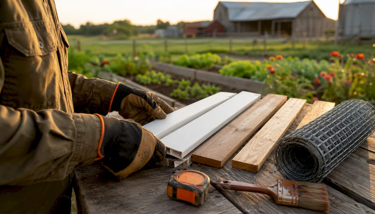Hands holding various weather-resistant fencing materials