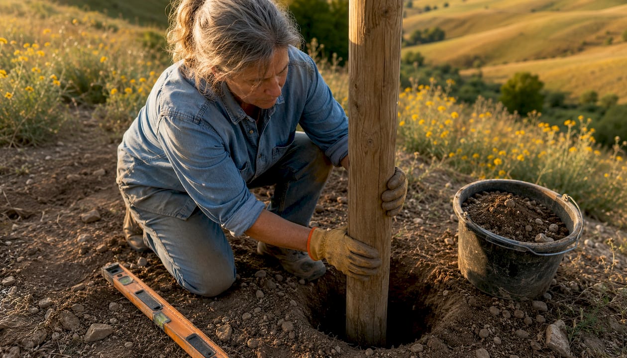 Woman installing wooden fence post in field