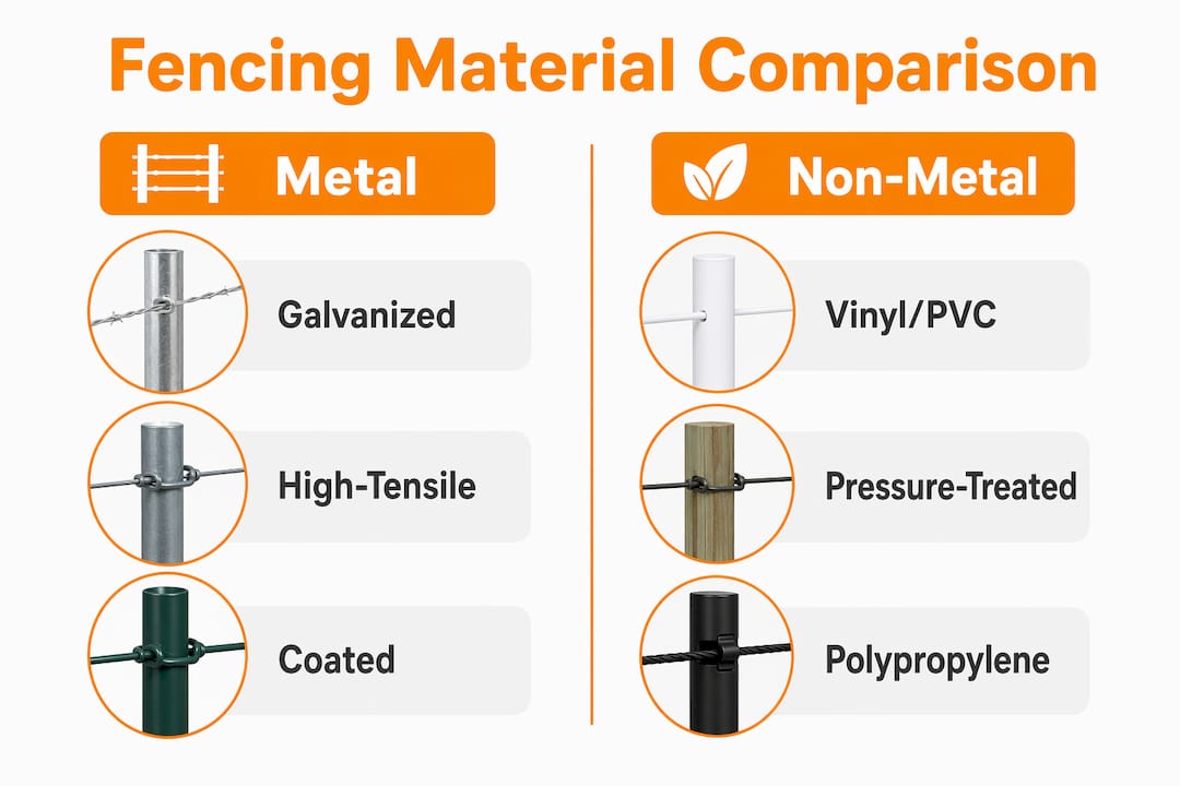 Infographic comparing metal and non-metal weatherproof fencing materials