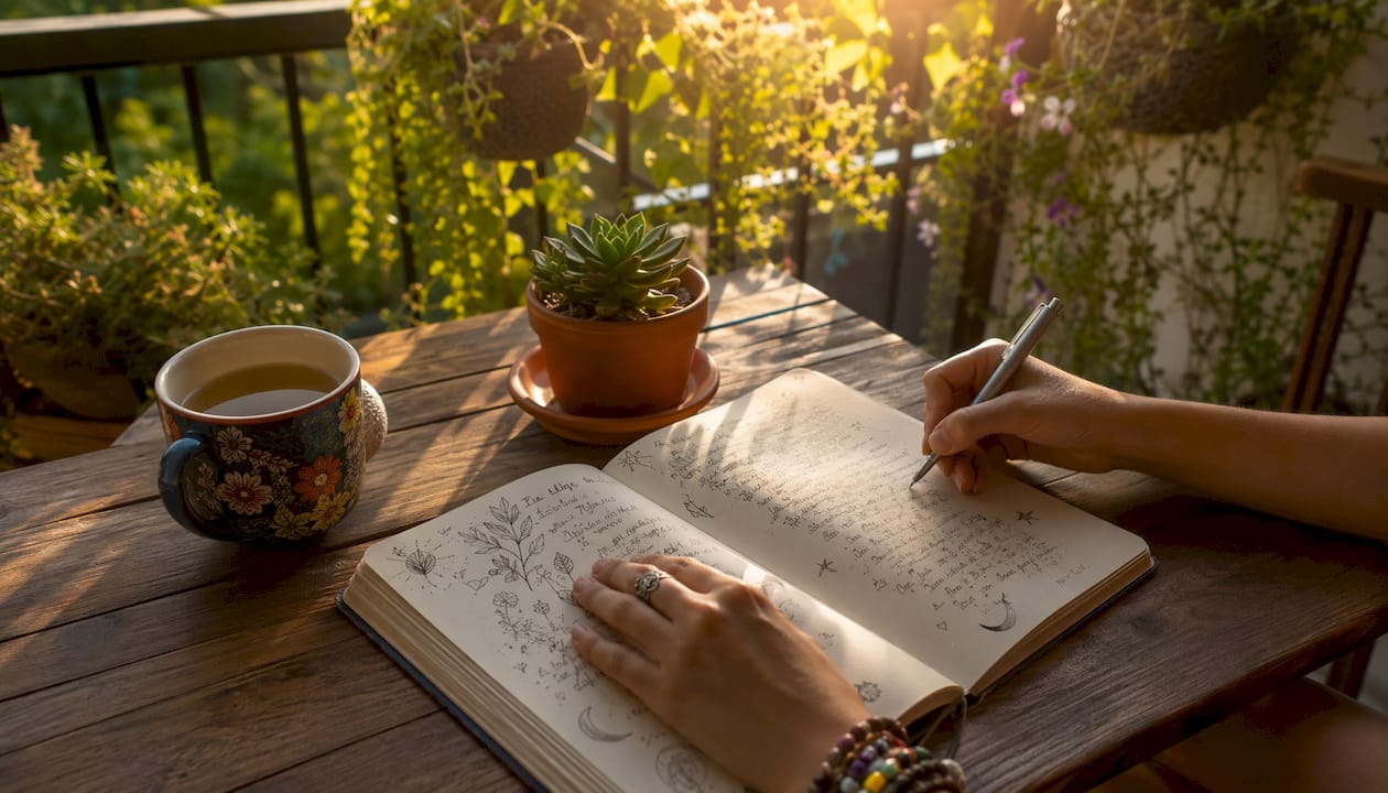 Hands writing in journal on oak desk