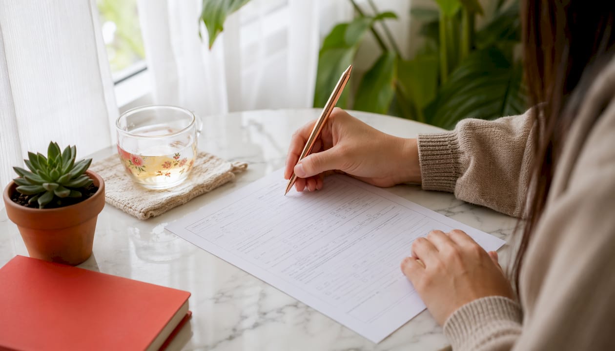 Client filling hair salon consultation form at cafe