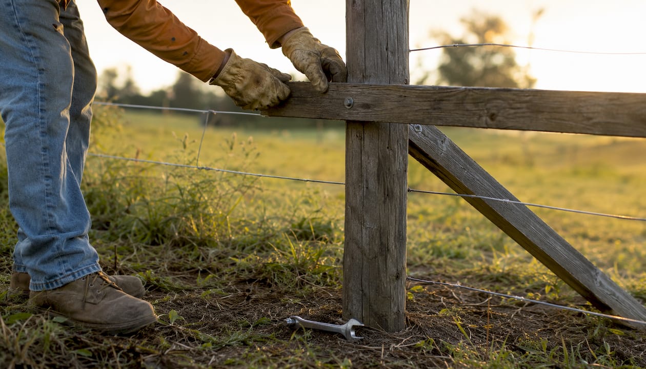Hands installing corner brace on farm fence