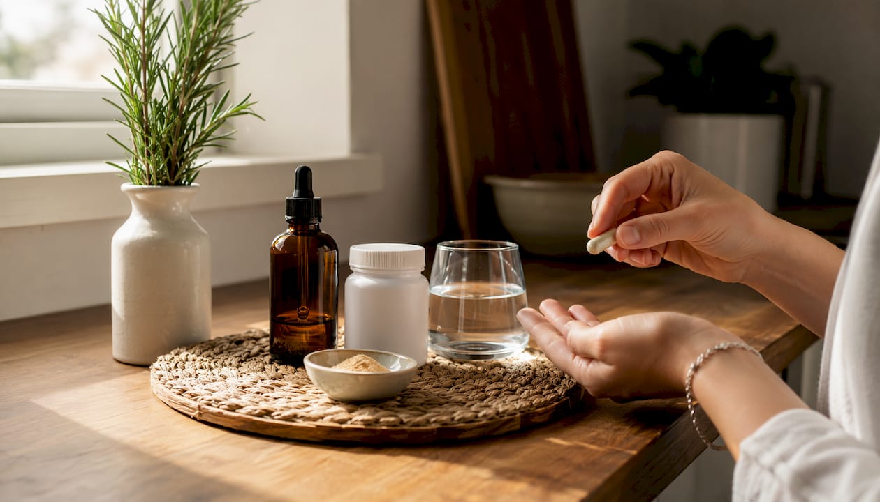 Hands taking Lion's Mane supplement by bathroom sink