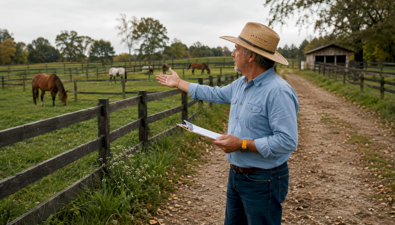 Rotational grazing pasture with horse owner walking