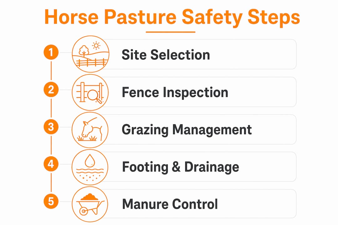Infographic showing horse pasture safety key steps