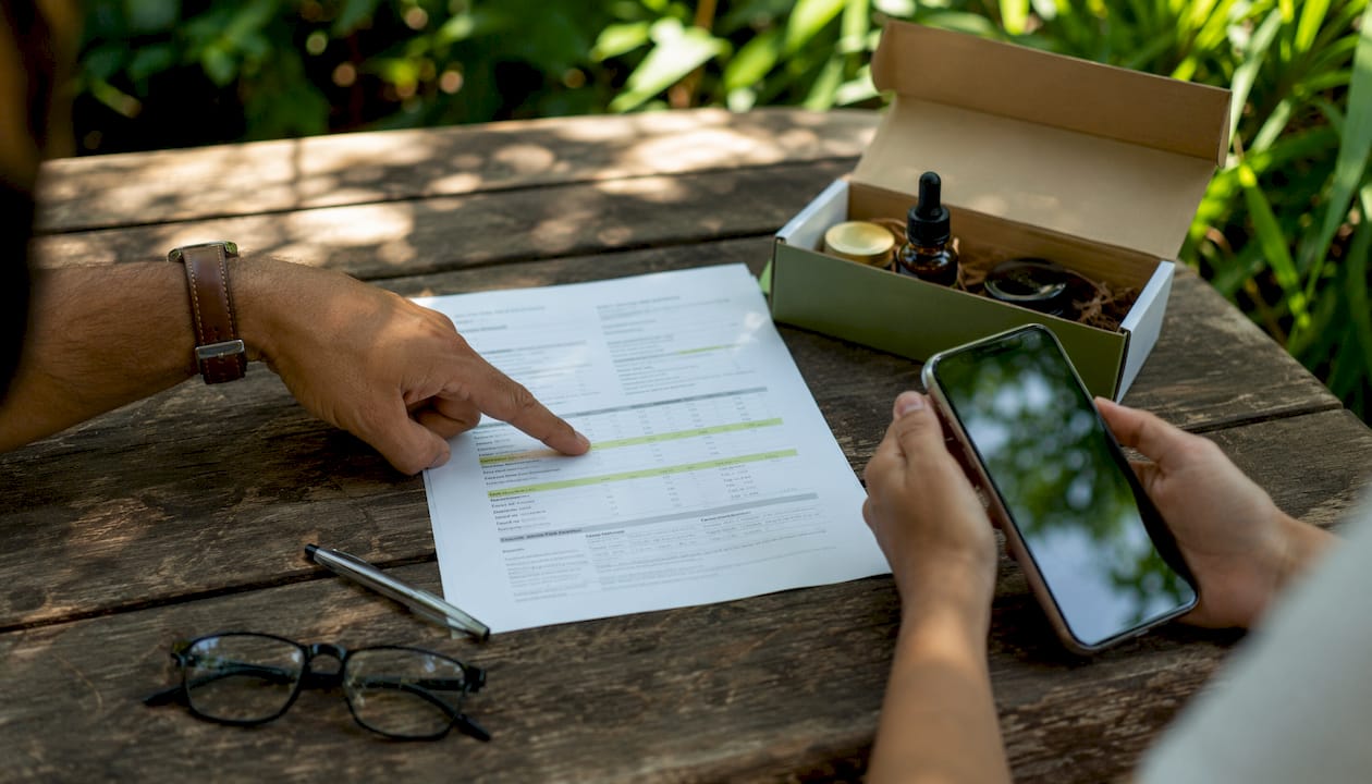 Hands verifying hemp product origin documents and COA