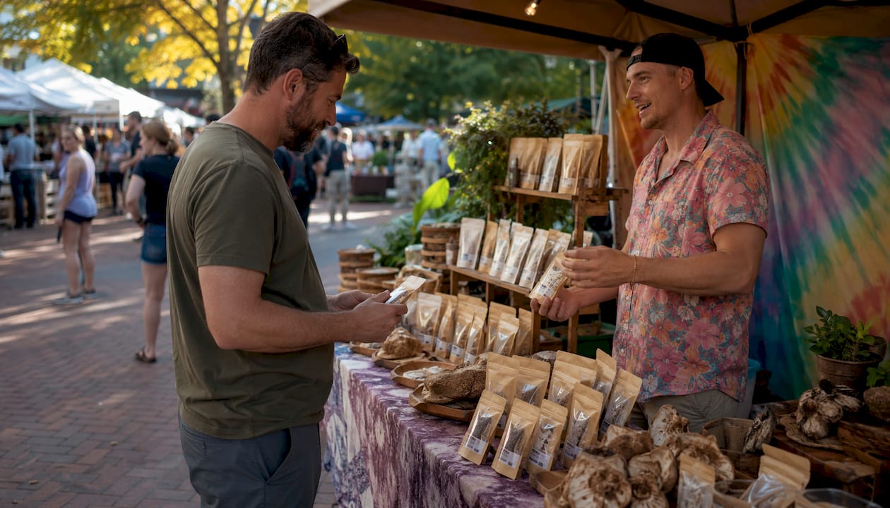 Customer choosing mushroom edibles in store