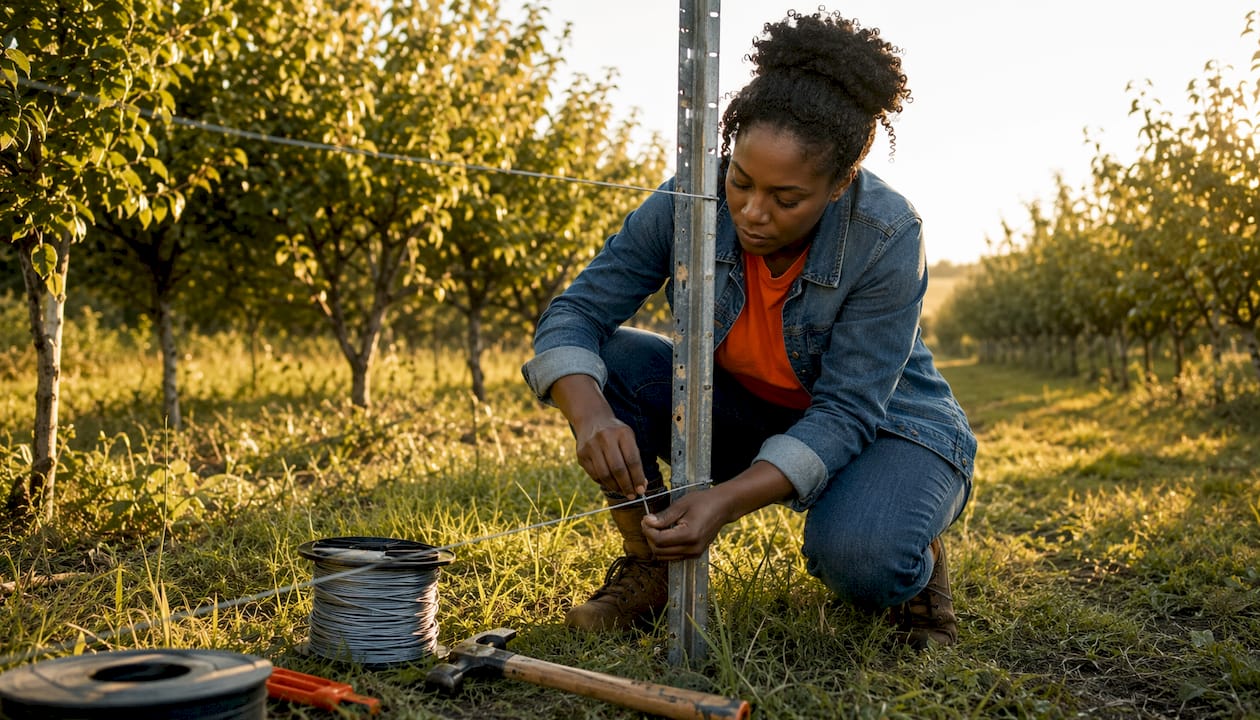Hands installing farm fence post outdoors