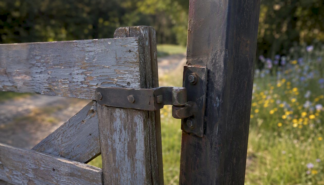 Close-up of swinging farm gate hinge and post