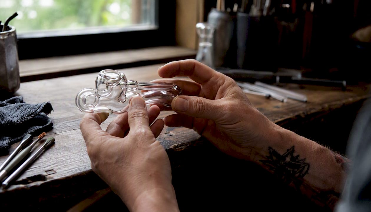 Close-up of artisan hands holding glass pipe showing airflow