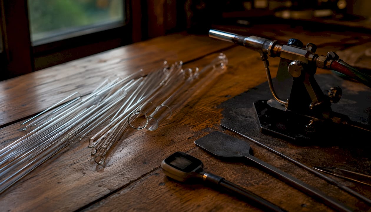 Top view of borosilicate glass tubes and glassworking tools