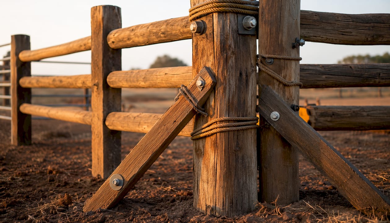 Close-up of sturdy wooden fence corner braces