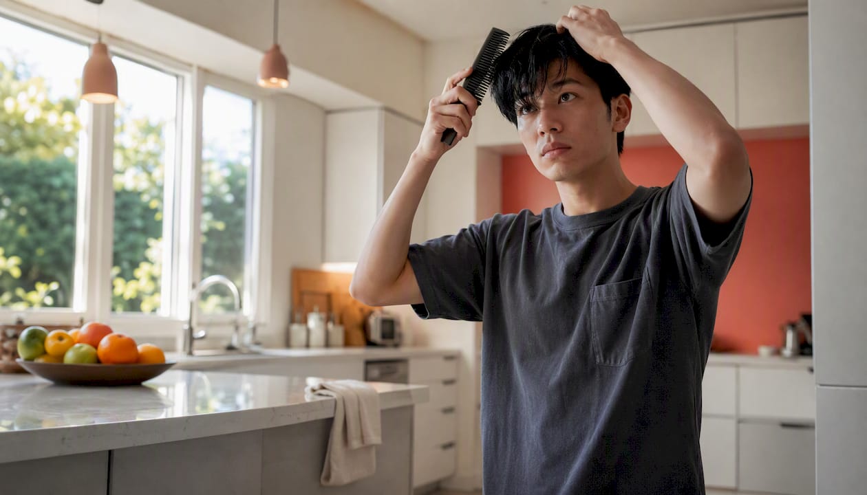 Man grooming hair before haircut appointment