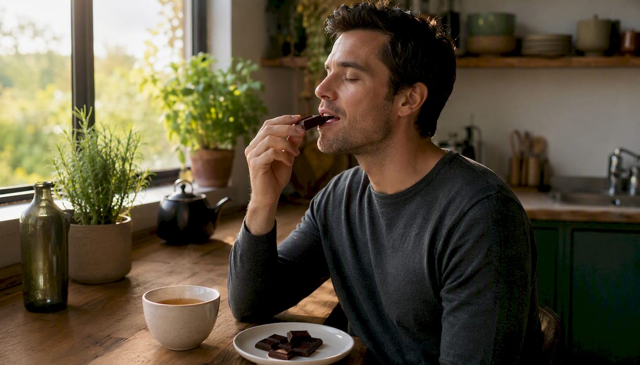 Man tasting dark chocolate squares