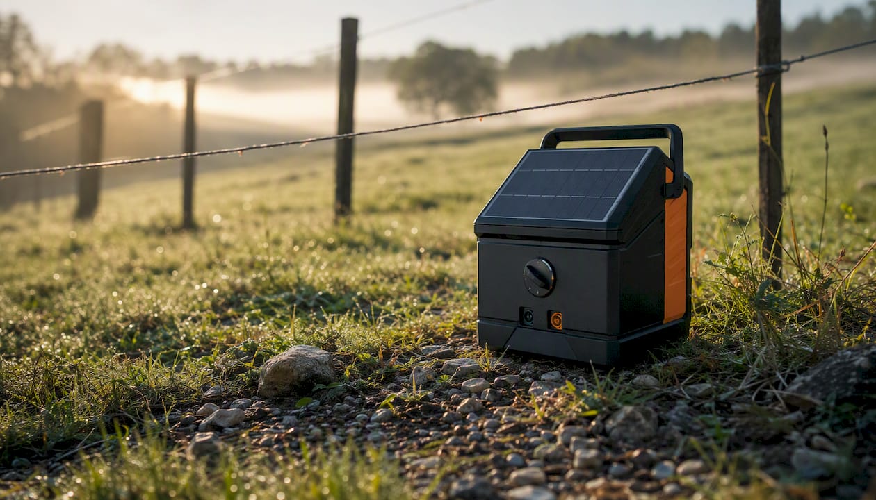 Close-up portable solar fence energizer outdoors