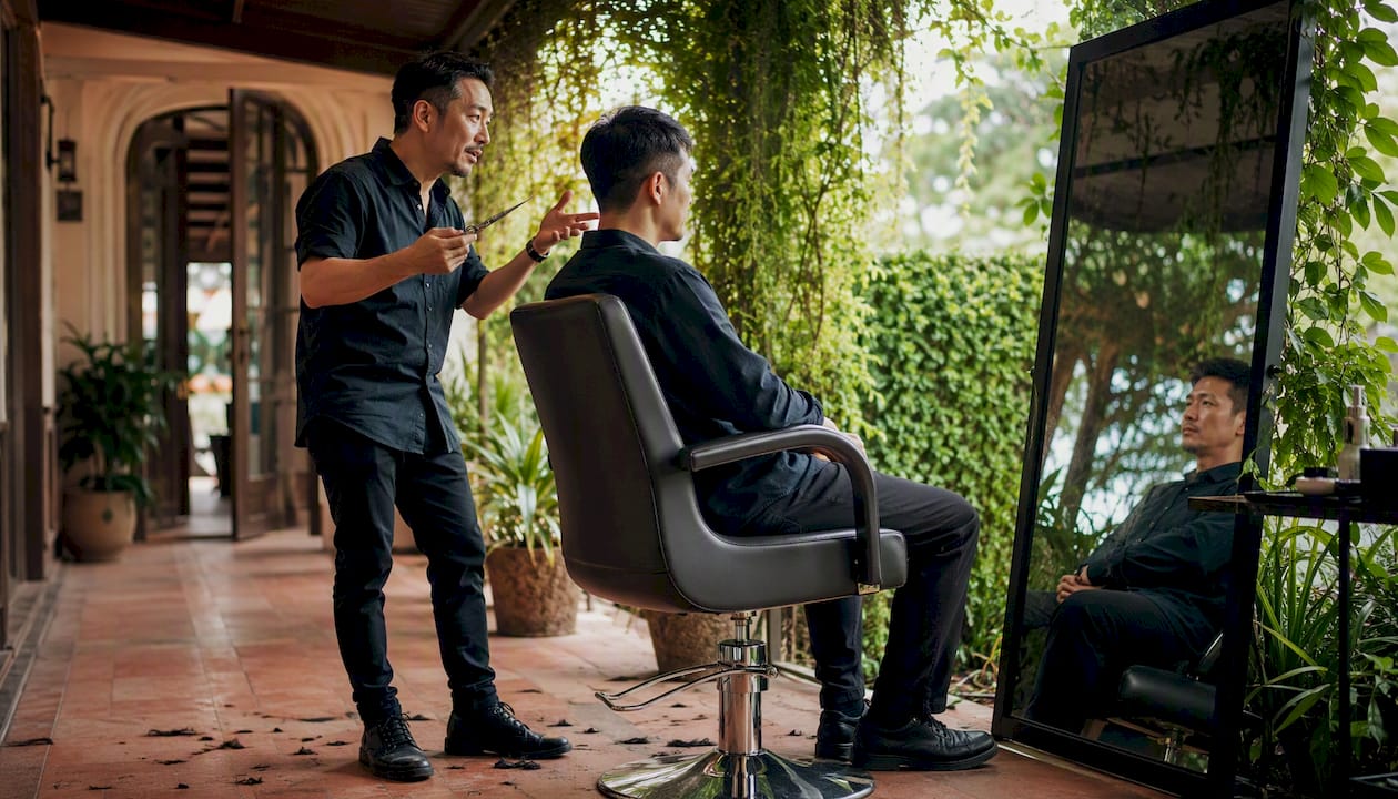 Stylist and client in luxury men's salon consultation