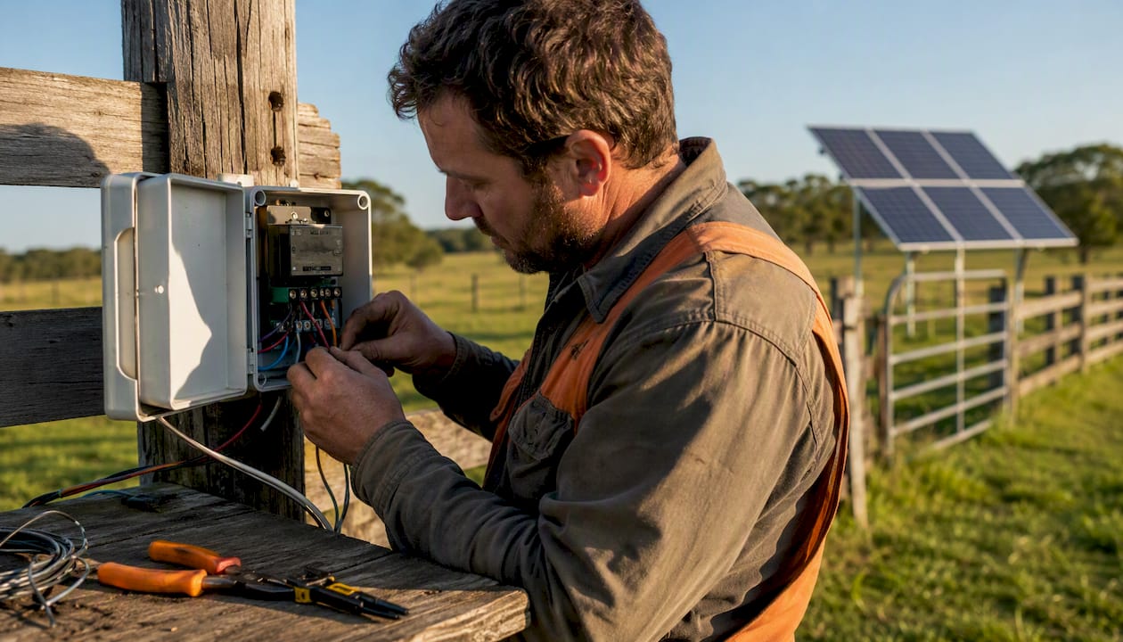 Hands wiring solar fence controller box