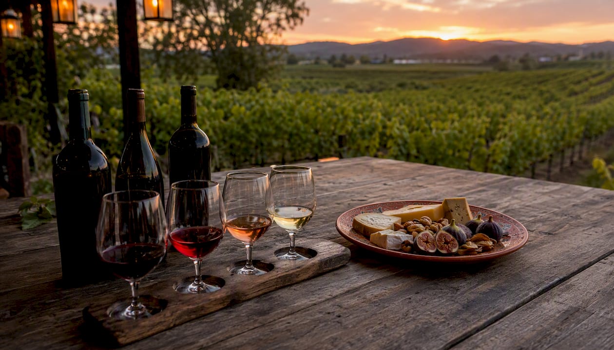 Wine bottles and tasting flight outdoors
